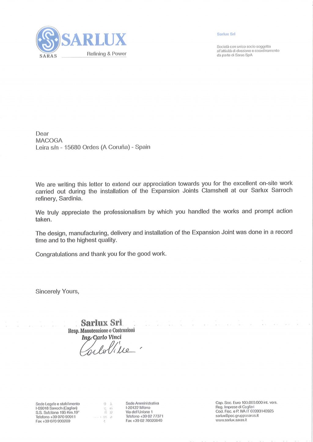 New Letter of Appreciation for on-site work well done 